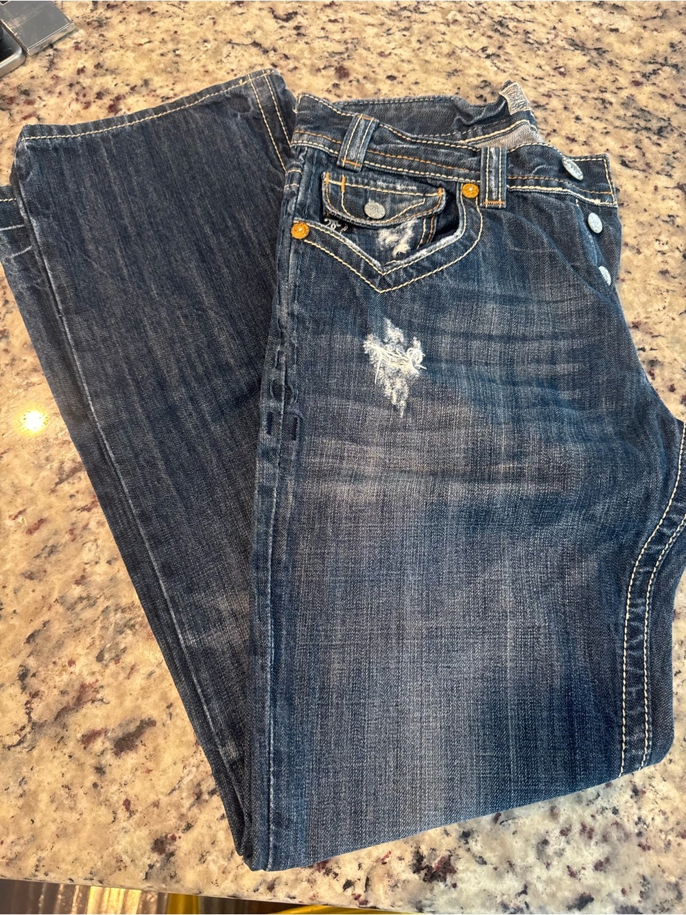 MEK Oaxaca boot cut dark Wash Distressed Denim Jeans